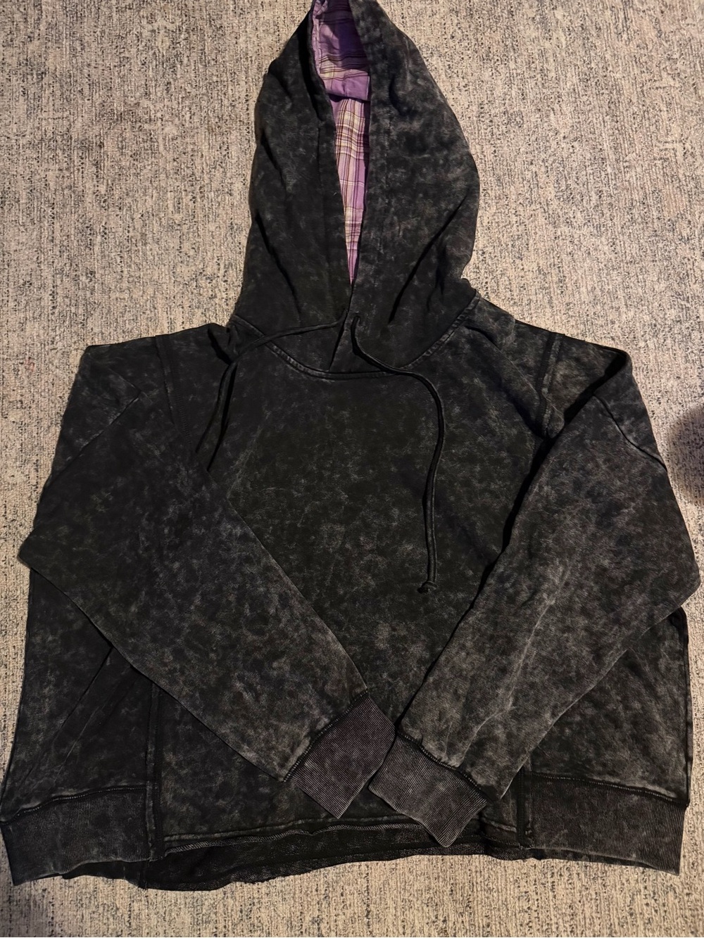 white birch Washed Black Pullover Hoodie with Purple Plaid Hood Lining